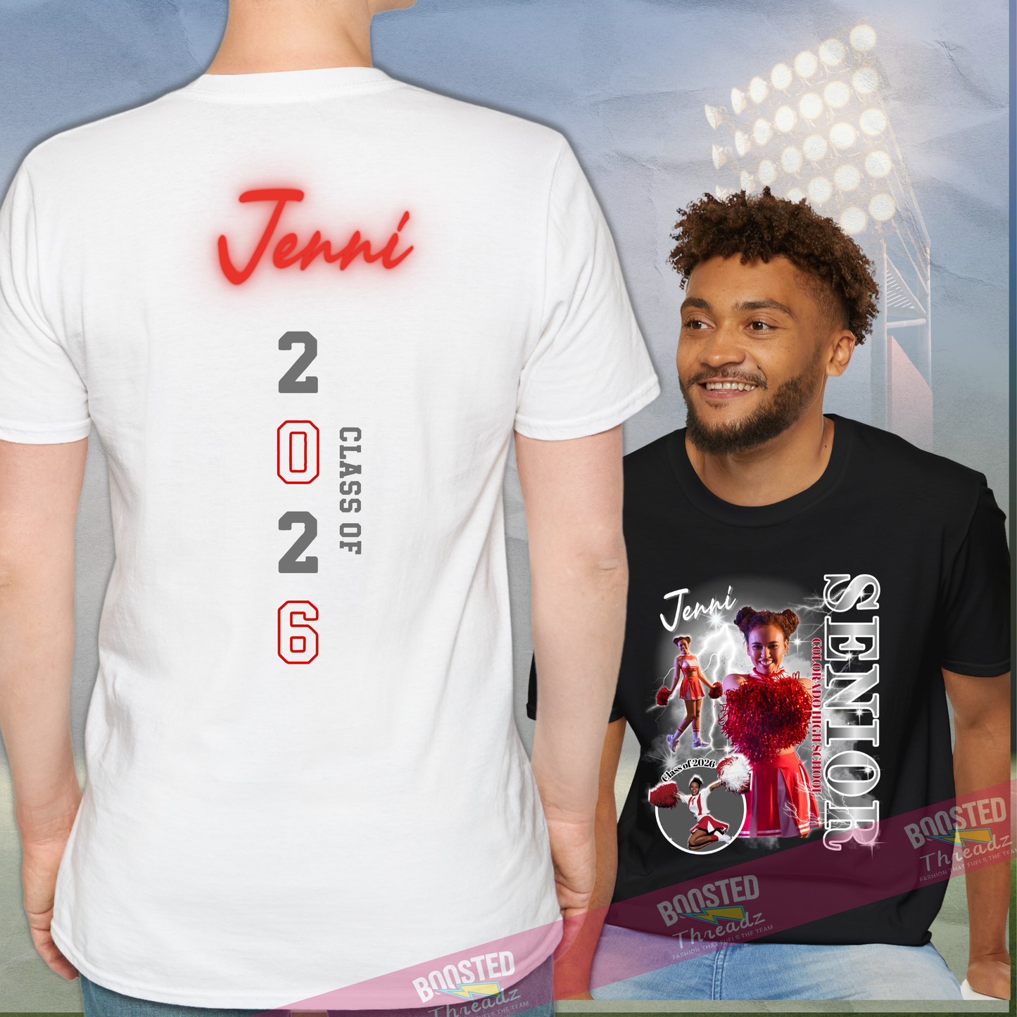 Custom Senior Class Tee – 3-Photo Design with Name, School - Silver Background (S1-s)