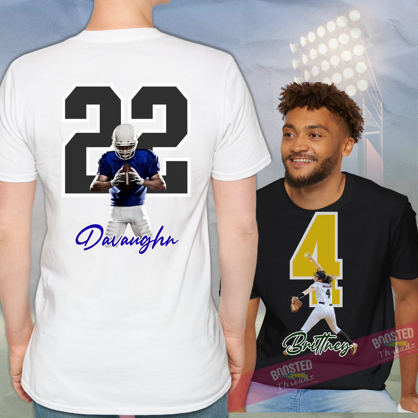 Custom Player Photo Tee – Personalized with Name, Number & Action Shot - Front & Back (C2)