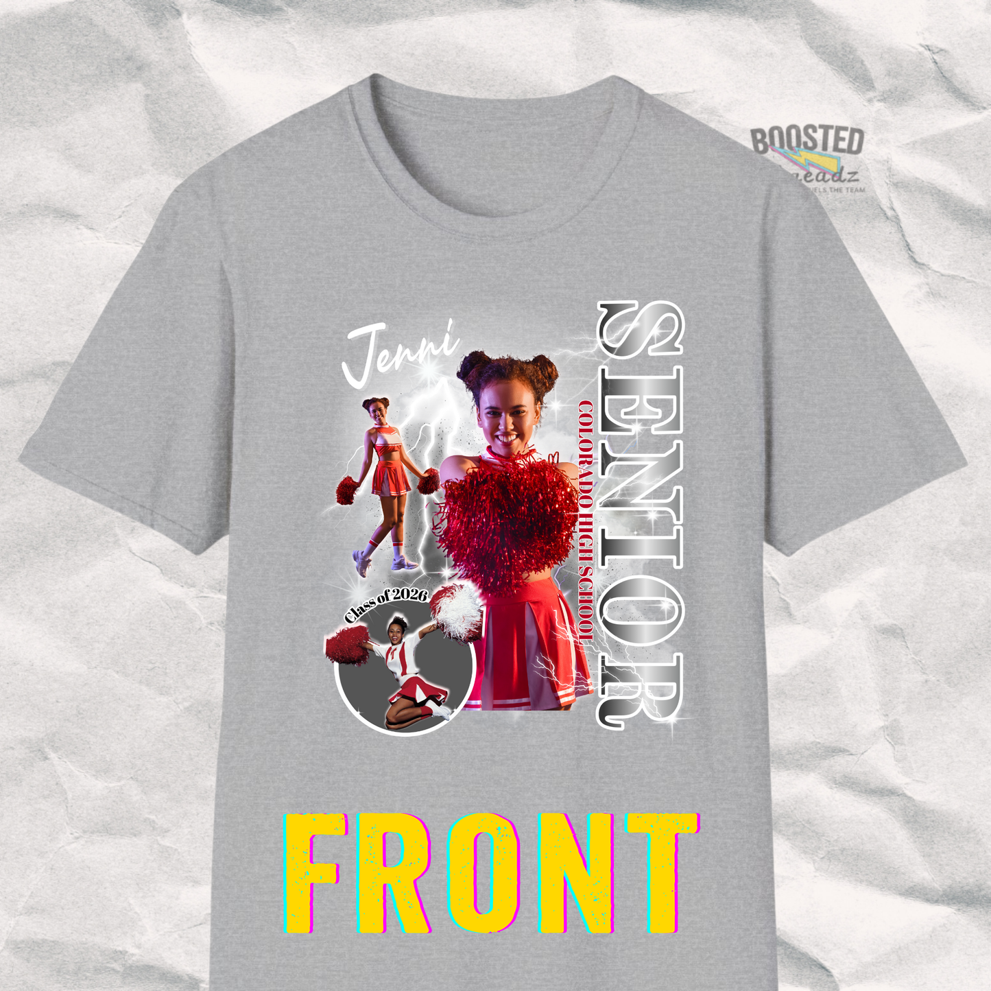 Custom Senior Class Tee – 3-Photo Design with Name, School - Silver Background (S1-s)