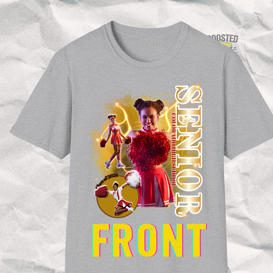 Custom Senior Class Tee – 3-Photo Design with Name, School - Gold Background (S1-g)