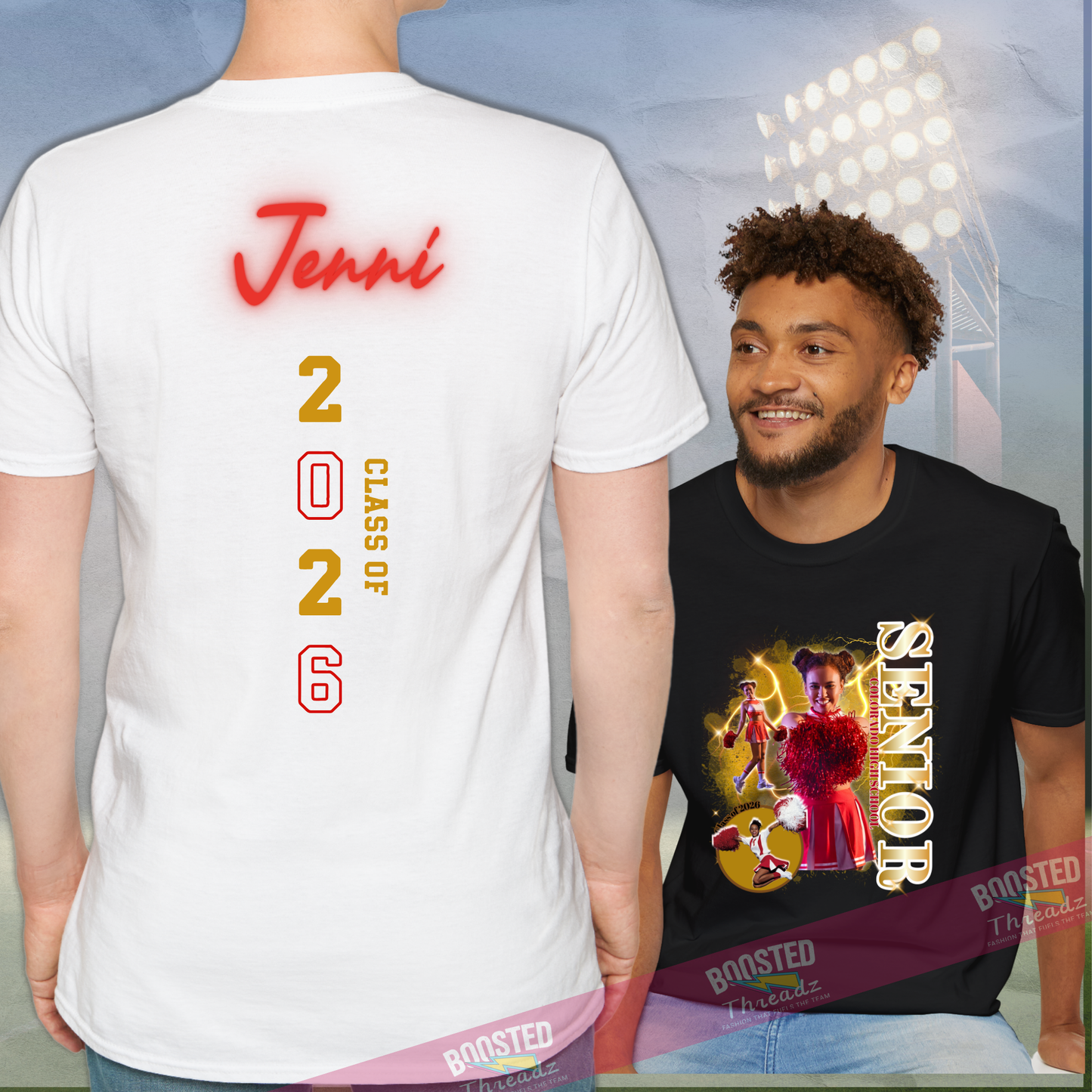 Custom Senior Class Tee – 3-Photo Design with Name, School - Gold Background (S1-g)