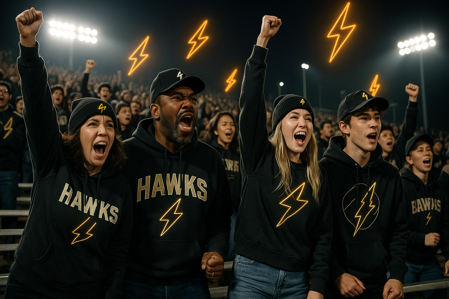 Wide stadium scene with cheering parents and students wearing trendy team apparel, night game lights, high contrast, modern streetwear vibe, subtle neon bolt accents — cinematic, realistic, energetic.